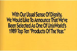 Artecon - With our usual sense of dignity, we would like to announce that we've been selected as one of Unix Worid's 1989 top ten 